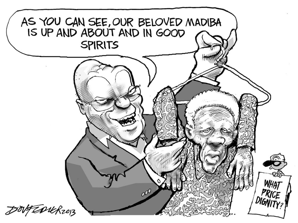 Karikatur: Zuma hält Mandela als Marionette an einem Kleiderbügel