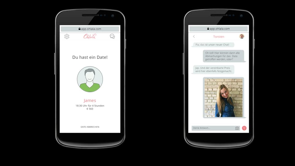 Zwei Smartphone-Bildschirme, die den Dating-Vorgang bei Ohlala.com zeigen.