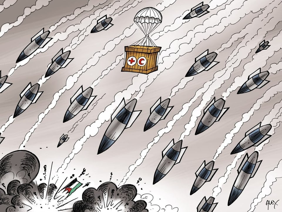 Zeichnung von einem Himmel mit zahlreichen Bomben, die zu Boden stürtzen – dazwischen ein Hilfspacket vom Roten Kreuz.