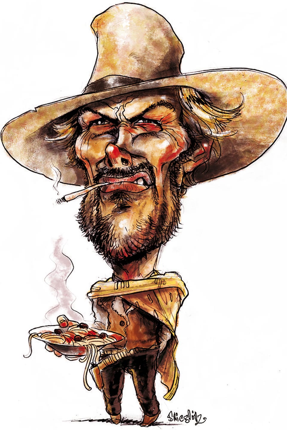 Portraitkarikatur mit dem Konterfei von Clint Eastwood. Im Mund hängt eine rauchende Zigarette, auf dem Kopf sitzt sein Schlapphut, die Augen sind zusammmengekniffen und in der Hand hält er einen Teller voller dampfender Teigwaren.