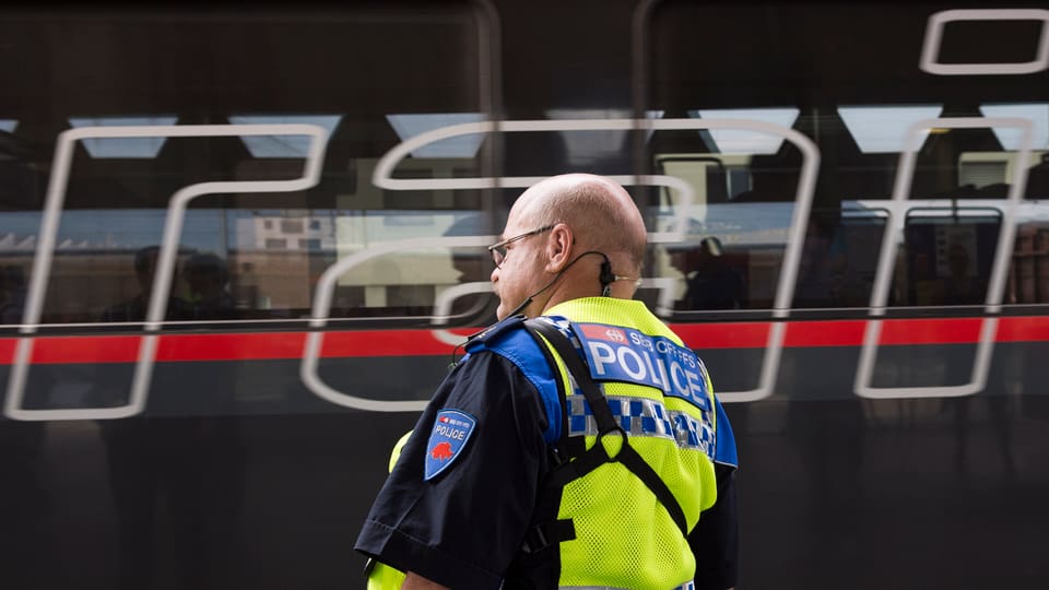 Bahnpolizist vor einem österreichischen Zug