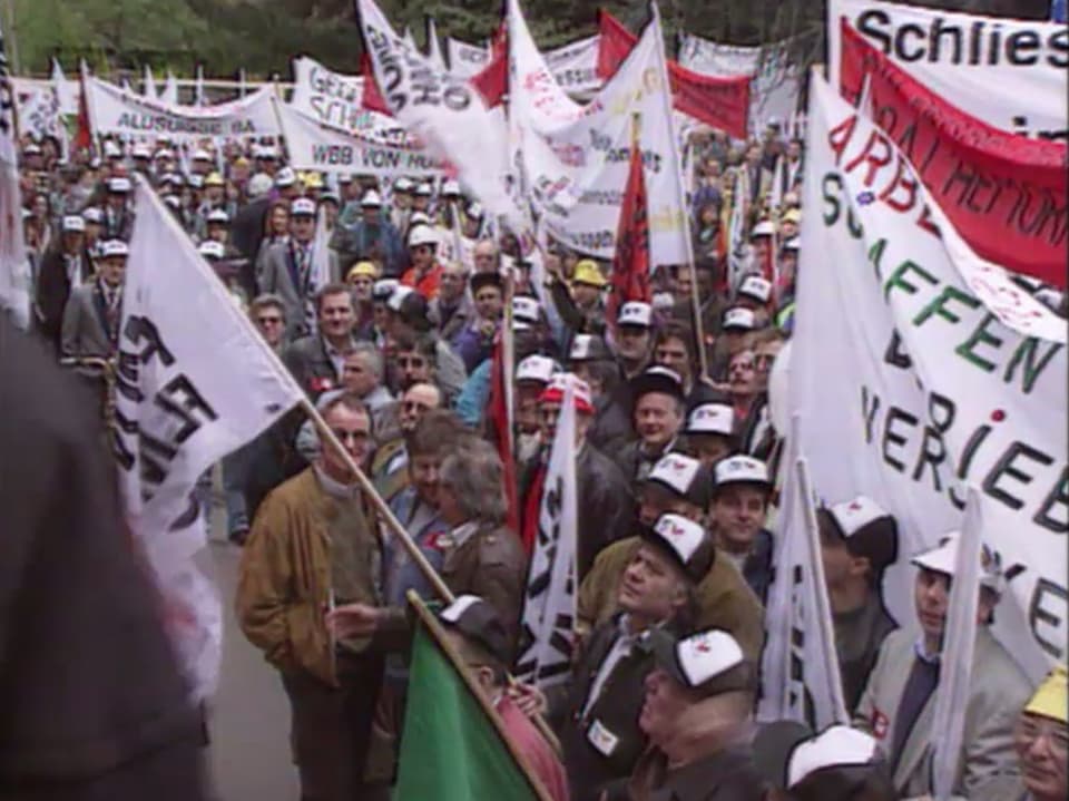 Bild einer Protestaktion, Menschenmenge mit Fahnen und Bannern