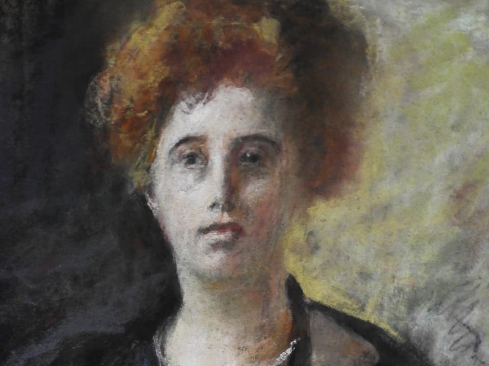 Gemälde einer Frau mit dunklem Oberteil und orange-blonden Haaren