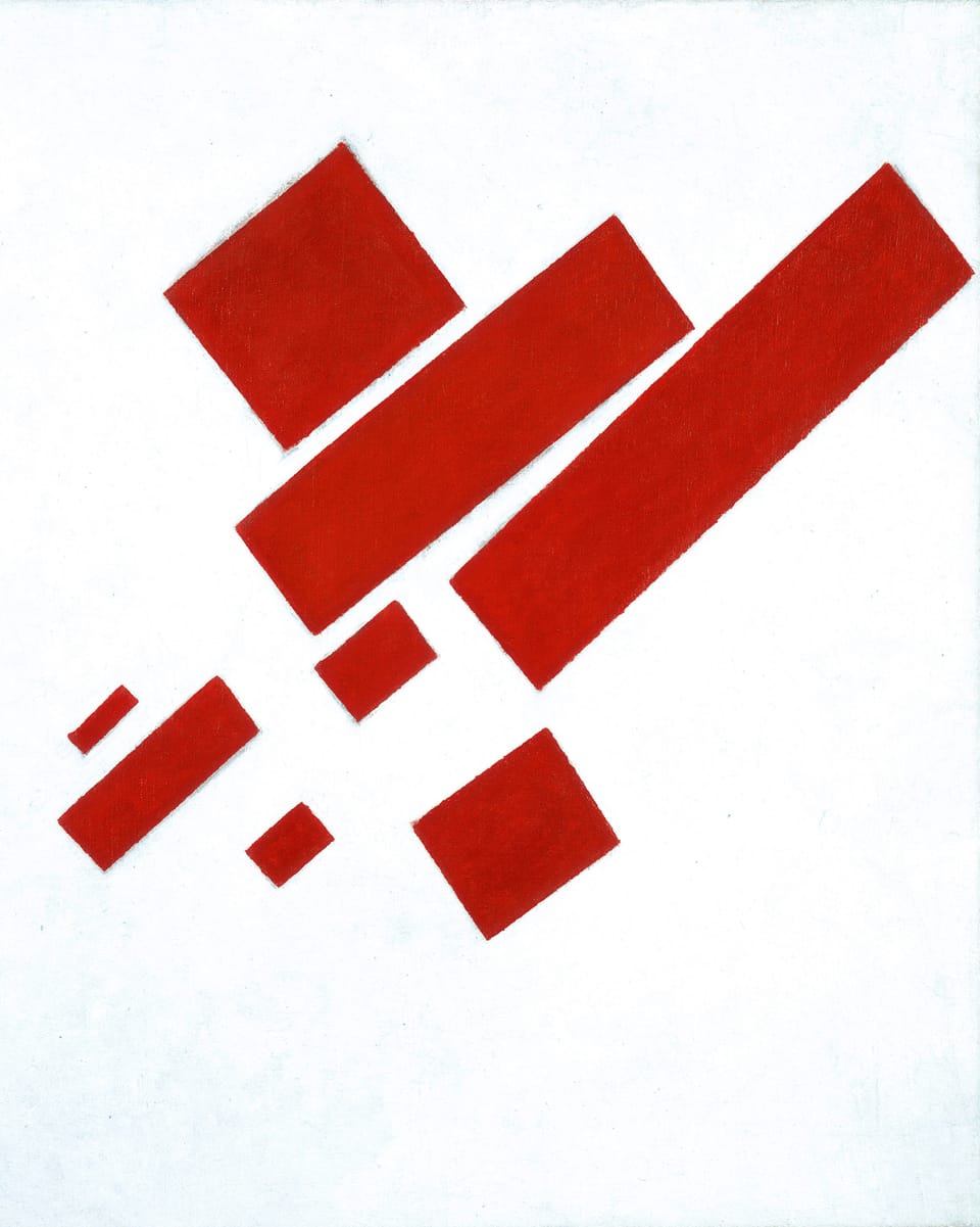 Acht rote Rechtecke, in verschiedenen Grössen, diagonal vor weissem Hintergrund angeordnet. 