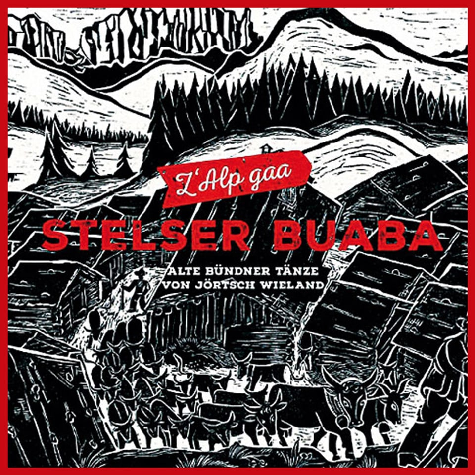 CD-Cover mit einer Schwarz-Weiss Zeichnung von einem Alpaufzug.