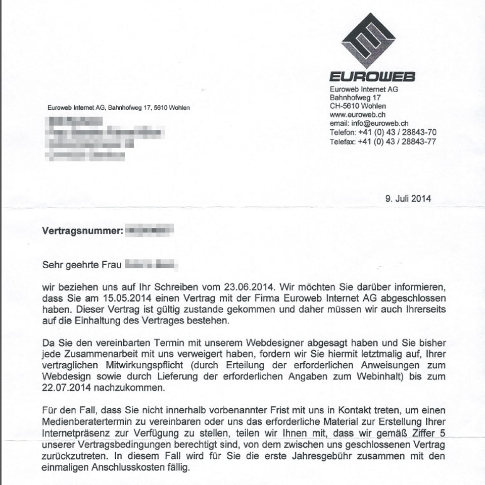 Brief von Euroweb.