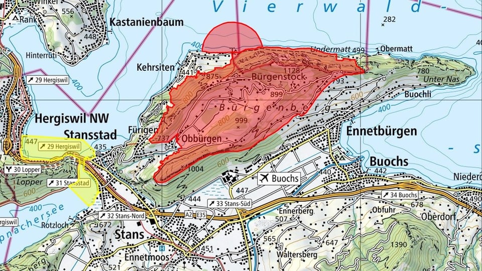 Topographische Karte der Region um den Bürgenstock mit markierter Fläche in Rot.