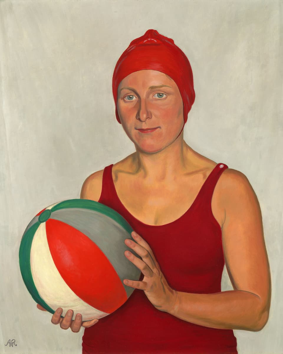 Gemälde einer Frau im Badeanzug, die einen Wasserball hält.