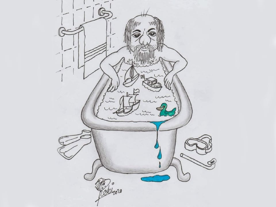 Zeichnung eines Mannes in der Badewanne