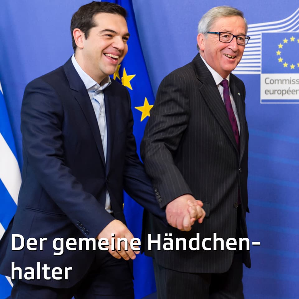 «Komm, ich zeig' dir mal einen echten Hasen!» - Auch bei einem Besuch des griechischen Premiers Alexis Tsipras 2015 gibt der EU-Kommissionspräsident vollen Körpereinsatz.