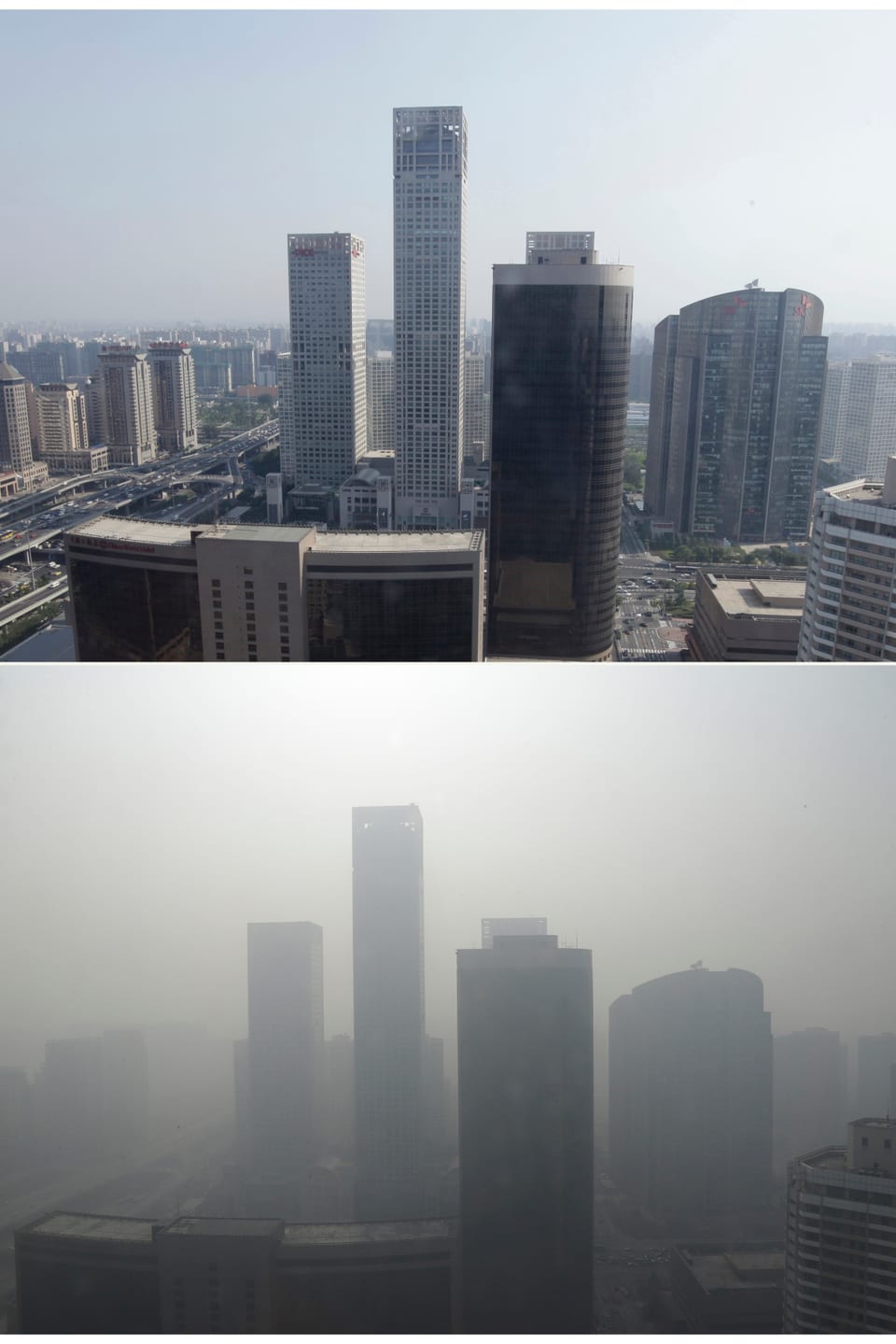 Oben Peking mit klarer Luft, unten Peking im Smog.