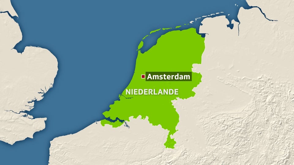 Karte der Niederlande, Amsterdam in der Mitte markiert.
