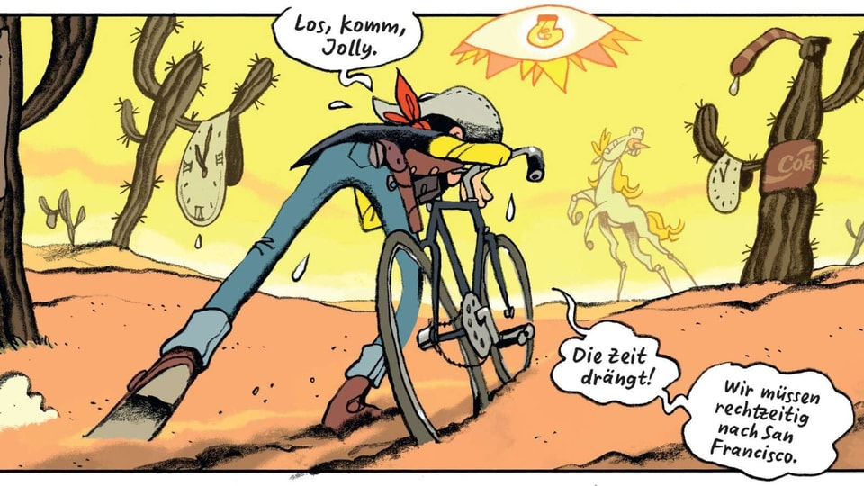 Ein gezeichneter Cowboy schiebt ein Fahrrad durch die heisse Wüste. Er tropft vor Schweiss.