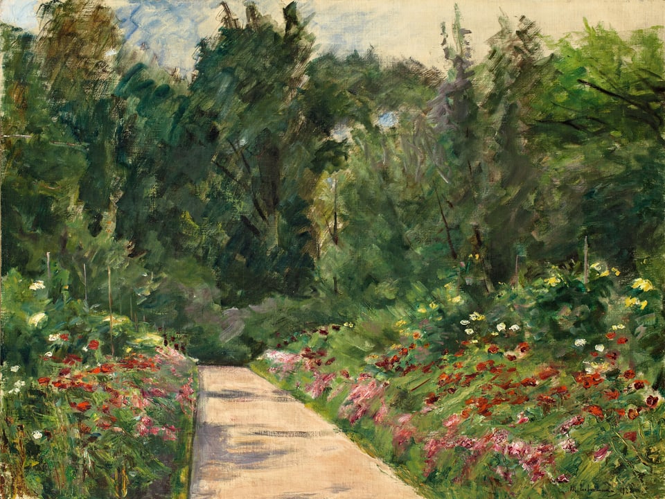 Ein Gemälde zeigt einen Garten mit Blumen, Sträuchern und Bäumen, dazwischen ein Weg.