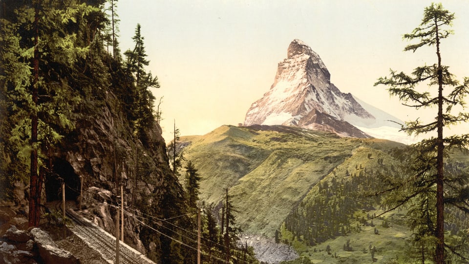 Matterhorn und Gornergratbahn, Litographie um 1900.