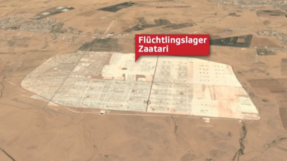 Luftbild des schachbrettartig angelegten Flüchtlingslagers Zaatari.