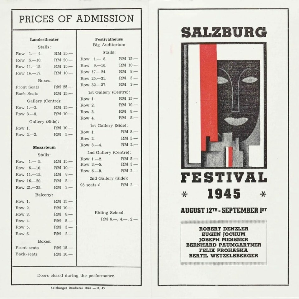 Preisliste und Flyer der Salzburger Festspiele 1945.