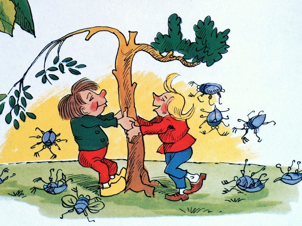 Bild von Wilhelm Busch: Max und Moritz schütteln Maikäfer aus einem Baum.