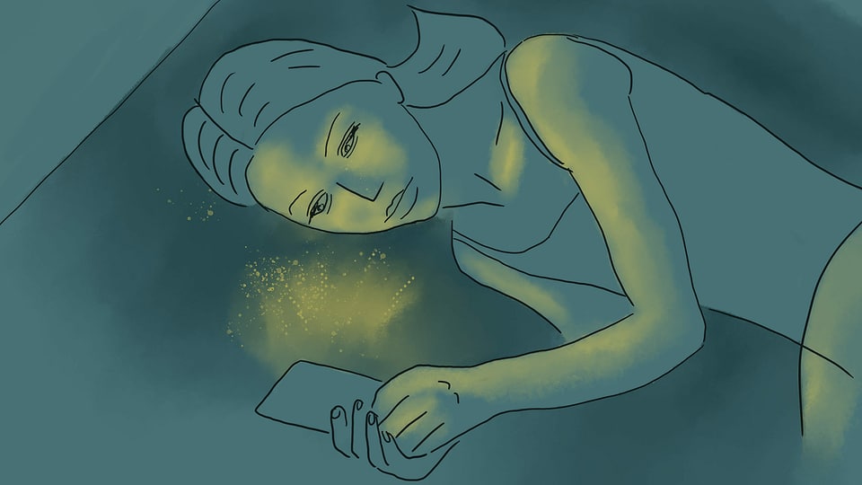 eine Illustration, die ein Mädchen im Bett am Handy zeigt