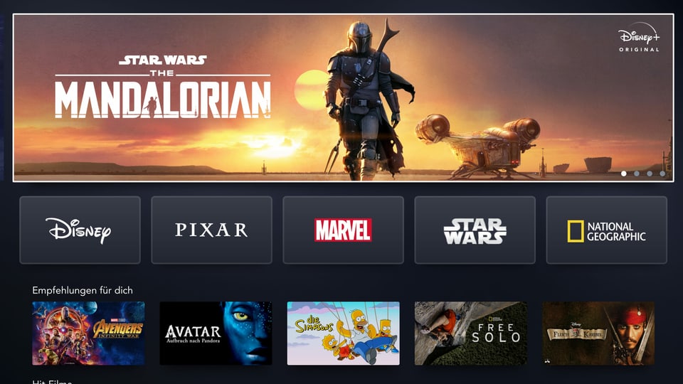 Die Benutzer-Oberfläche der Streaming-Plattform Disney+ mit einem Banner der Serie «The Mandalorian»