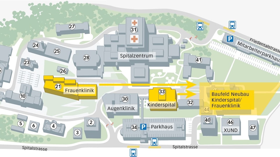 Eine Grafik mit verschiedenen Gebäuden des Luzerner Kantonsspitals mit gelb eingezeichneten Neubauten. 