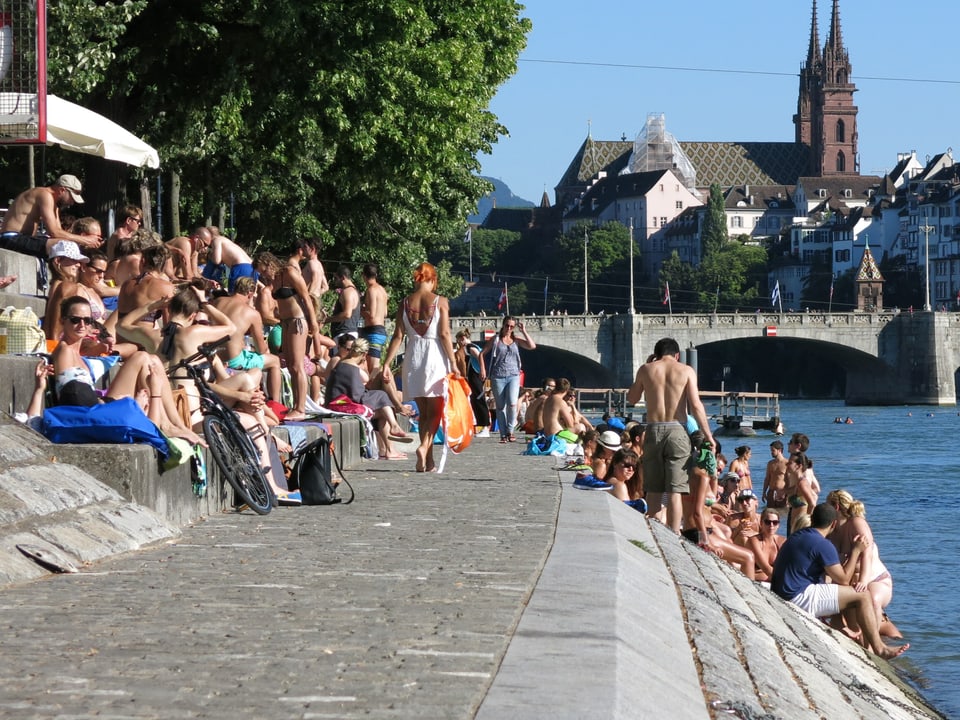 Leute beim Sonnenbaden am Rheinufer.