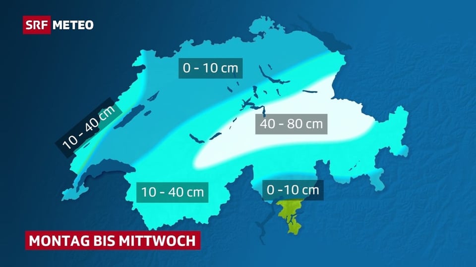 Karte der Neuschneemengen in der Schweiz. Am Alpennordhang bis 80cm, im Flachland 0-10 cm.