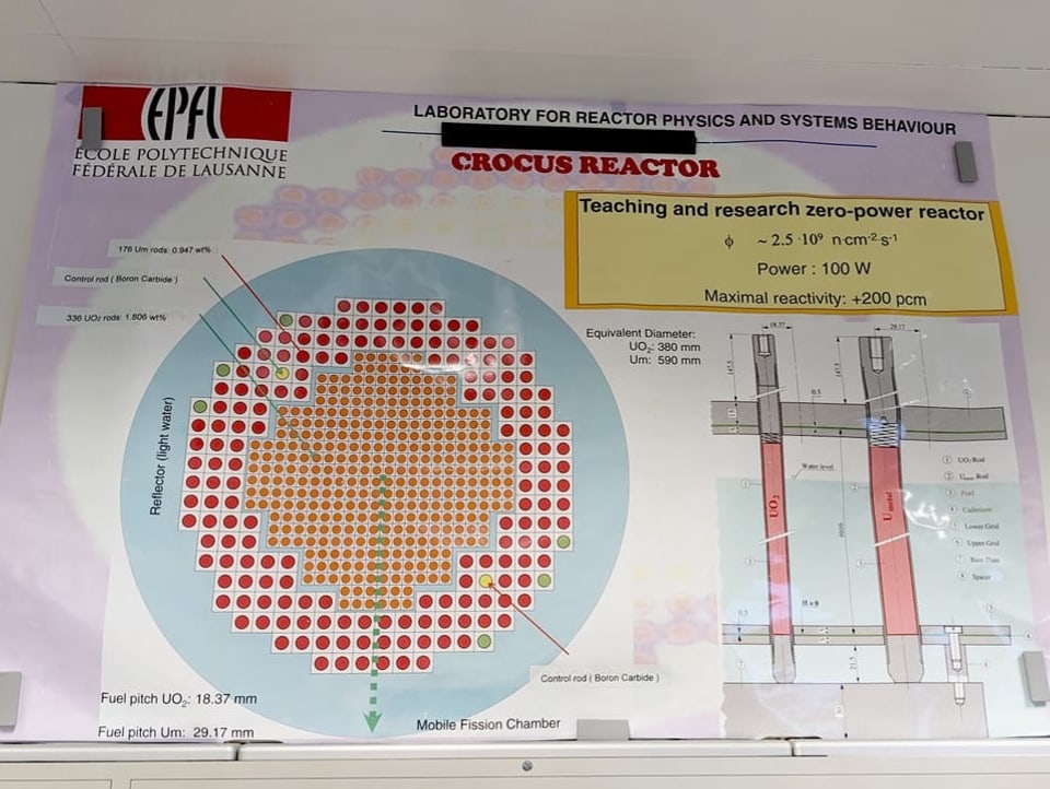 Schema des Reaktorkern mit der Anordnung der Brennstäbe (rot) und der Steuerstäbe («control rod», in gelb) 