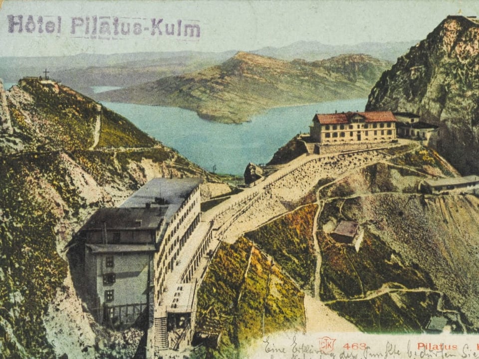 Hotelboom auf dem Gipfel Postkarte vom Pilatus-Kulm um 1907.