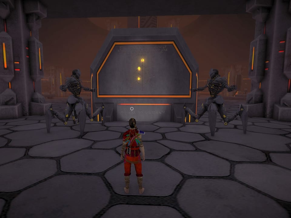 Hier sind Aliens: Die Spielfigur steht vor zwei Spinnenrobotern und einer seltsamen Karte.