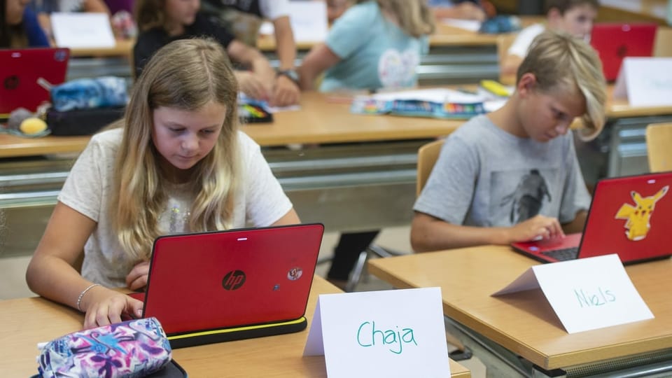 Schülerin und Schüler sitzen vor Laptops