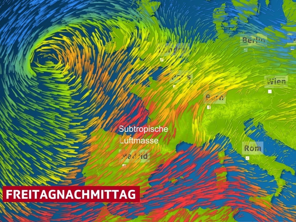 Der Warmluftstrom für Freitag, ist mit roten Pfeilen auf der Europakarte argstellt.