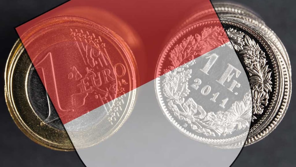 Ein Stapel 1-Euro-Münzen neben einem Stapel 1-Franken Münzen, darüber transparent Solothurner Wappen