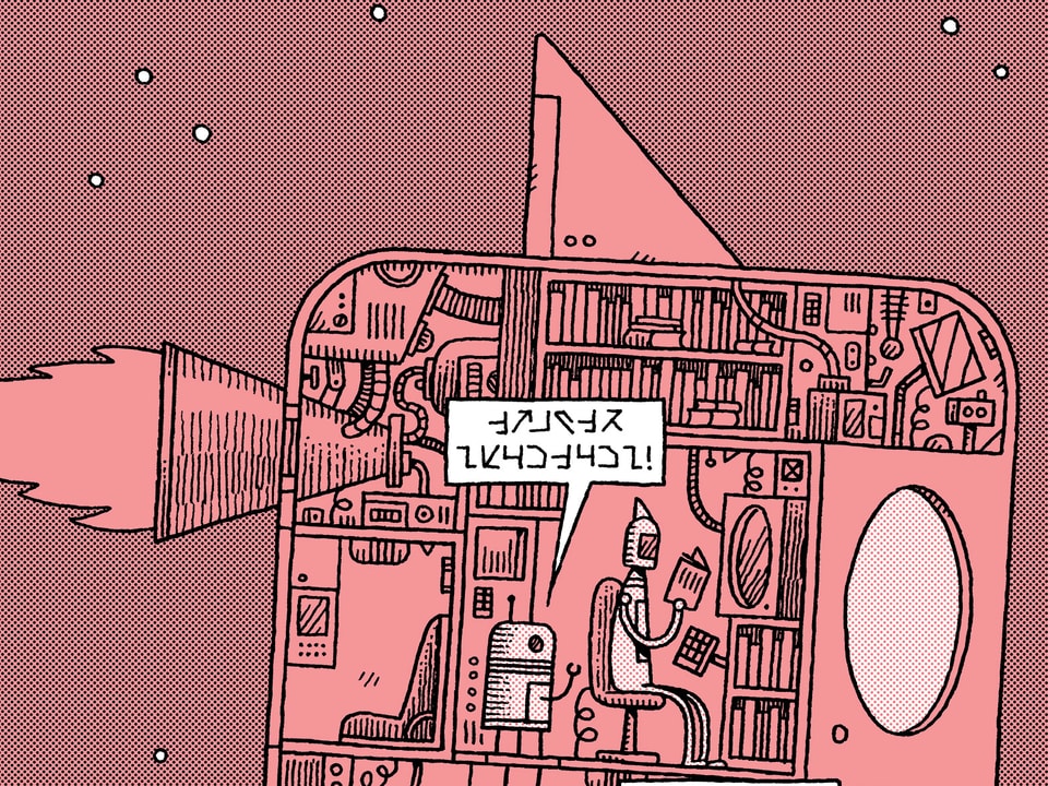 Zeichnung eines Raumschiffs: Innen gleicht es einer Bibliothek. Roboter lesen.