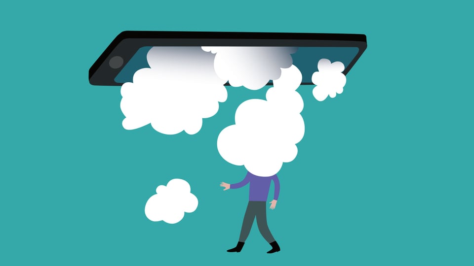 Illustration: Ein Mann steht unter einem Smartphone, Wolken vernebeln seinen Kopf.