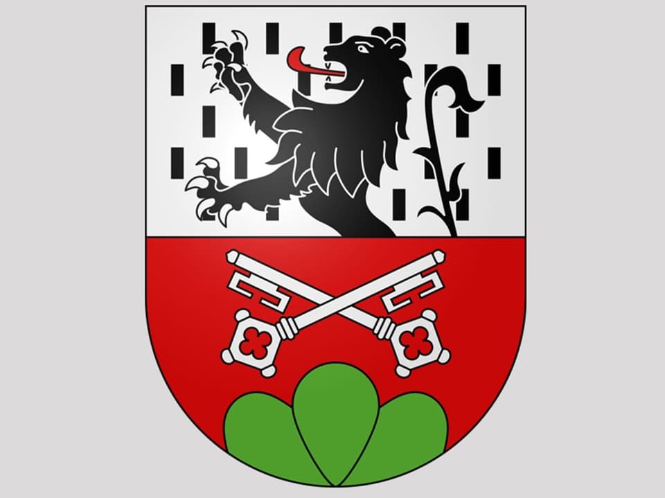 Das rot-weisse Wappen von Chéserex. Abgebildet sind ein Löwe, Schlüssel und ein Baum. 