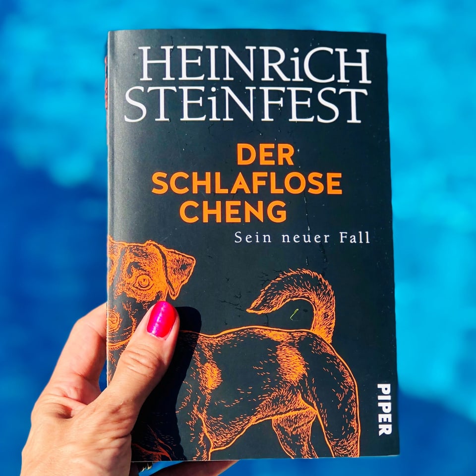 Annette König hält den Krimi "Der schlaflose Cheng" von Heinrich Steinfest vor blaues Wasser