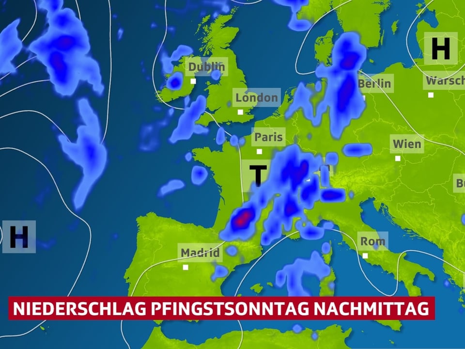 Mit blauen Flächen dargestellt Verteilung des Niederschlags in Europa.