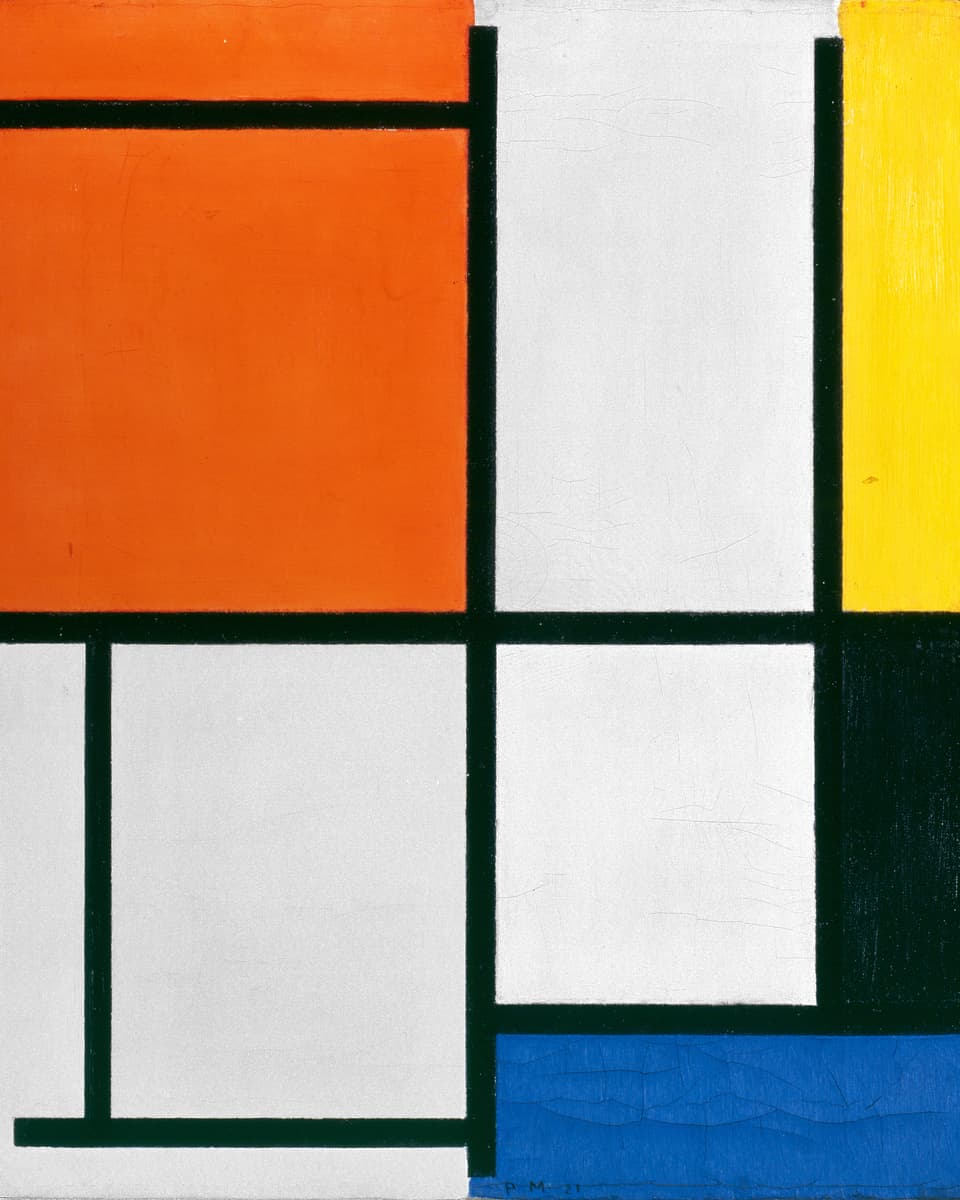 Mondrian-Bild mit weissem Hintergrund, schwarzen Linien und rotem, gelbem und blauem Viereck.