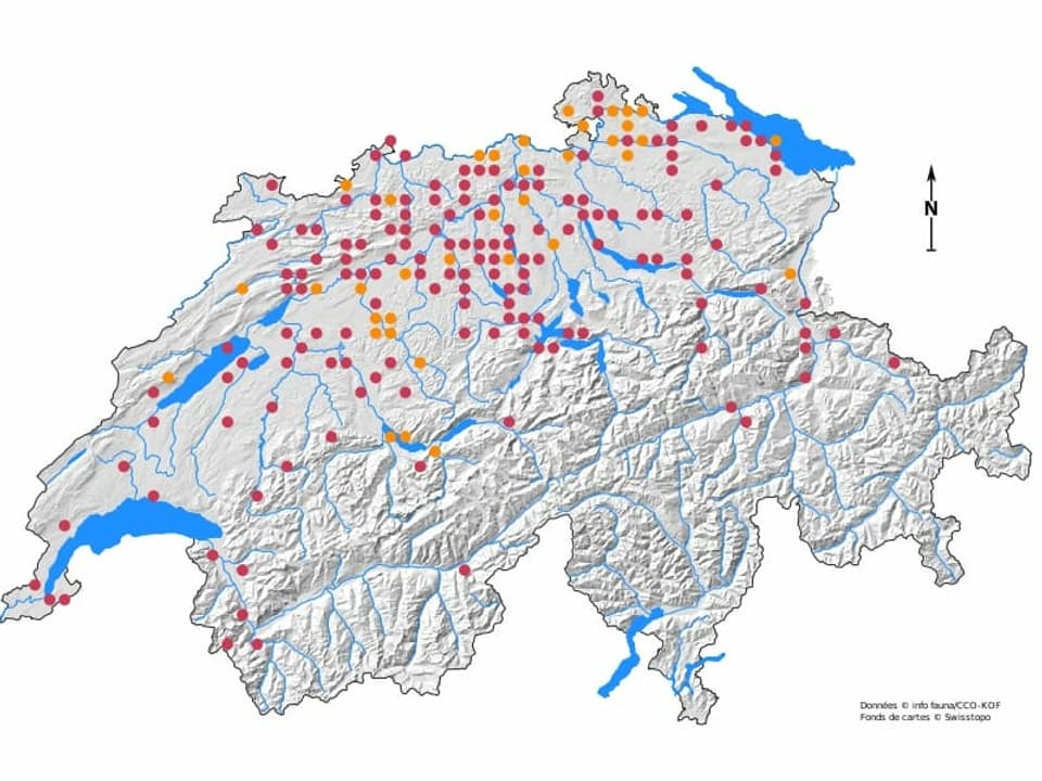 Karte der Schweiz mit wenigen Punkten vor allem nördlich der Alpen