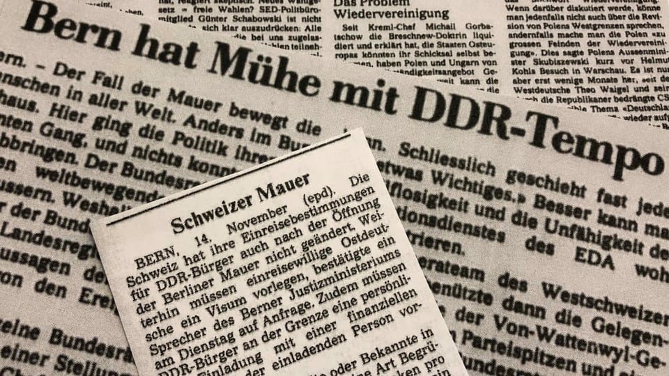 Zeitungsartikel mit Thema Schweiz und der Mauerfall.