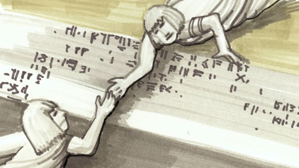 eine Zeichnung mit Hieroglyphen und zwei Menschen, die sich versuchen zu halten