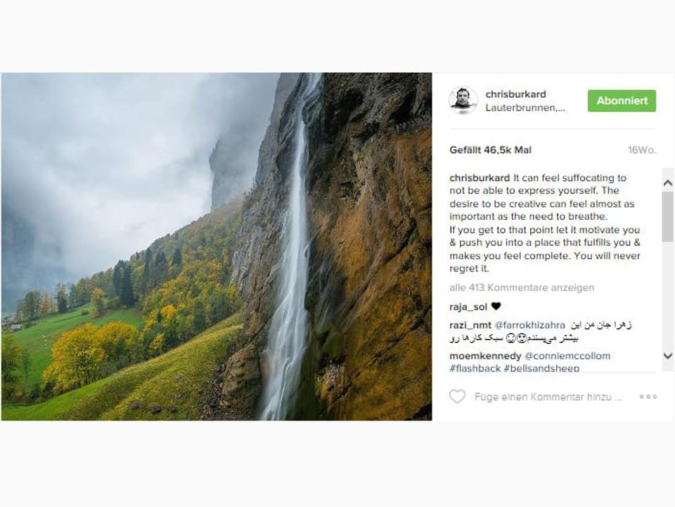 Der Staubbachfall im Lauterbrunnental fotografiert vom bekannten kalifornischen Instagram-Fotograf Chris Burkard.