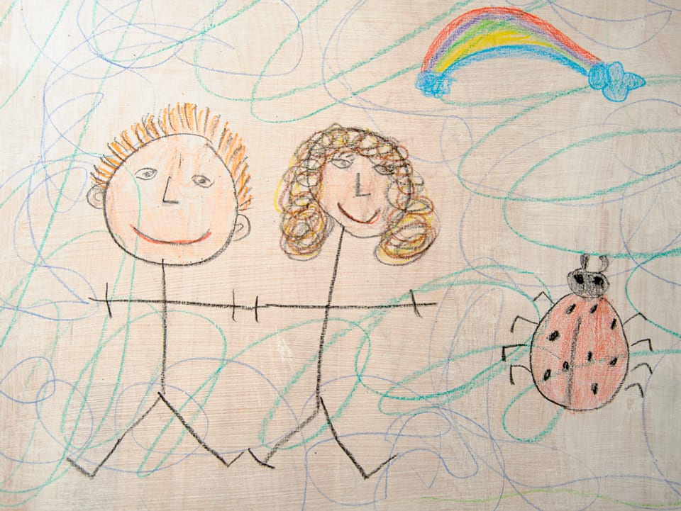 Eine Zeichnung mit zwei Strichmännchen mit lachenden Gesichtern. Auf der rechten Seite ein grosser Marienkäfer und darüber ein farbiger Regenbogen.