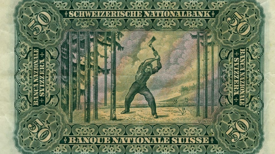 alte grüne Banknote, in der Mitte ein Holzfäller, der seine Axt heb.