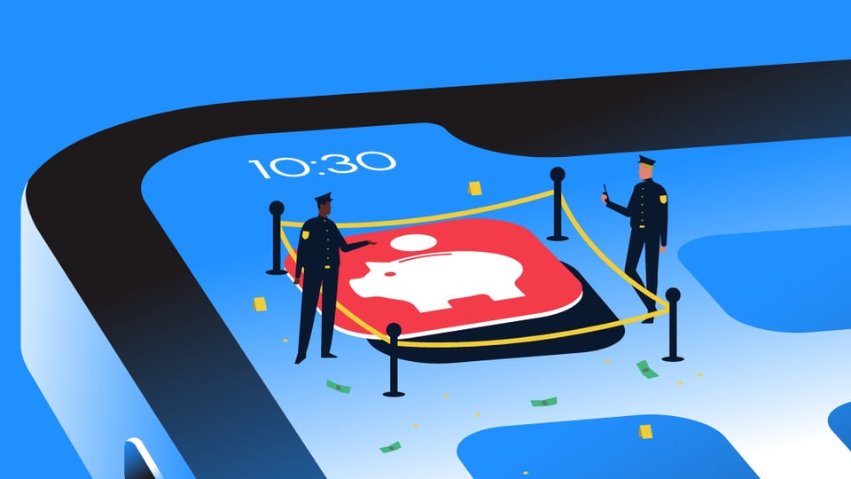 Illustration: Auf dem Bildschirm eines Mobiltelefons ist ein App-Icon mit Sparschwein. Darum Absperrband und Polizisten.
