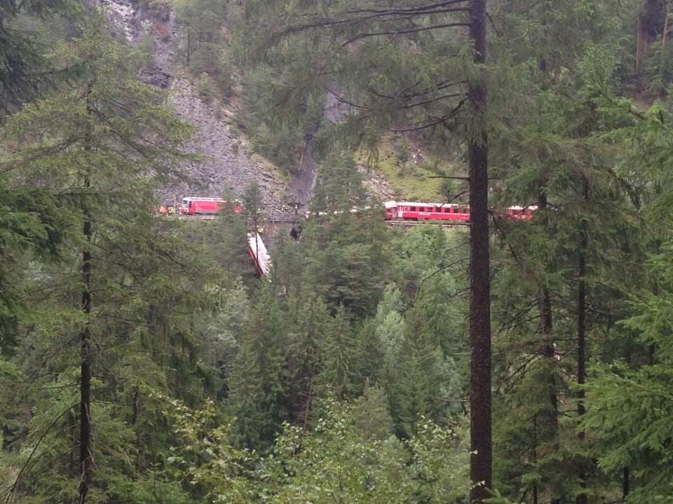 RhB-Zug mit abgestürztem Wagon.