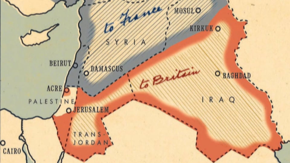 Karte des Nahen Ostens mit französischem und britischem Einflussgebiet