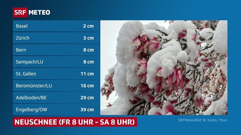 Neuschnee Tabelle mit Neuschneesummen.