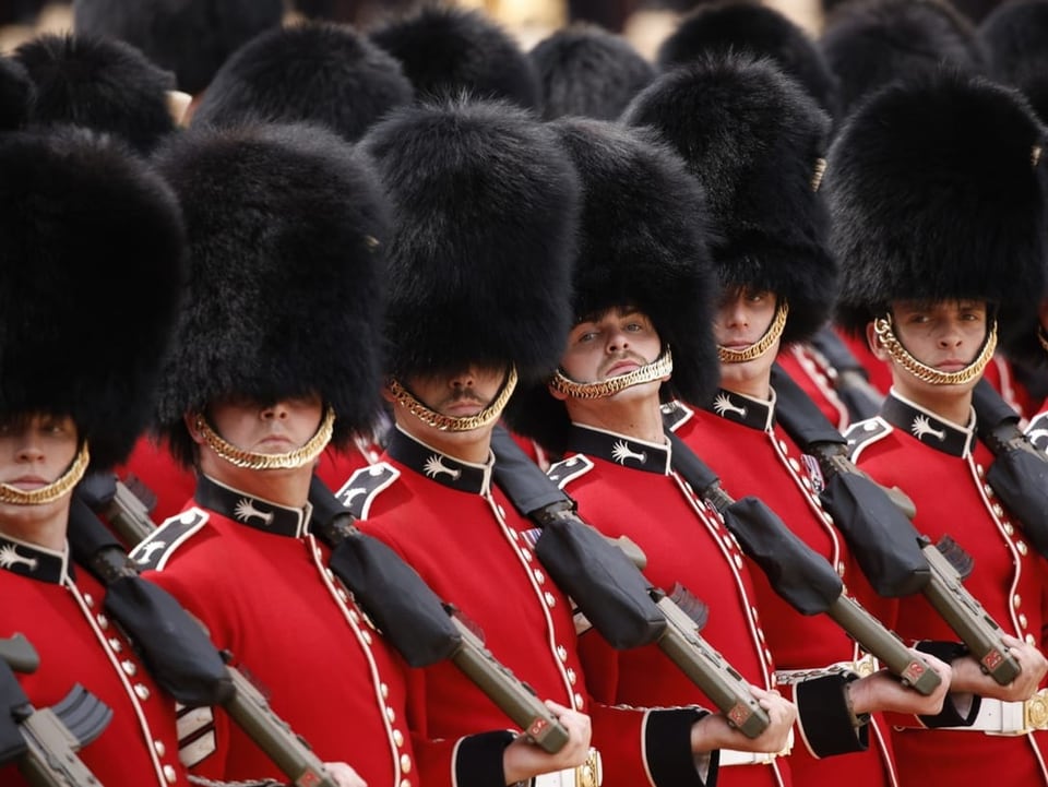 Soldiers with fur hats and rifles standing in a row looking left.